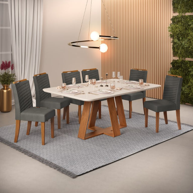 Juego de Comedor 160 - Celeste - Freijo/Off White + 6 Sillas