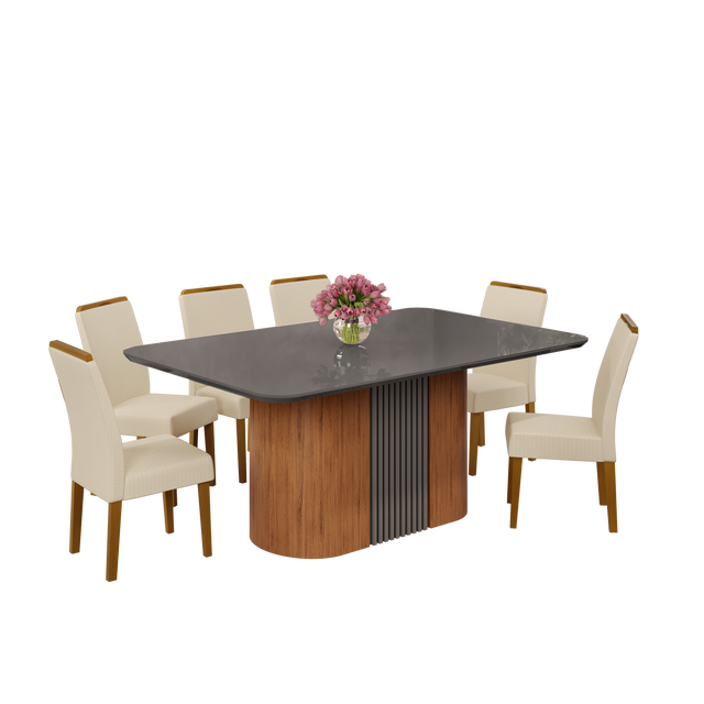 Juego de Comedor Munique Freijo/Ceniza + 6 Sillas Diana Blanco